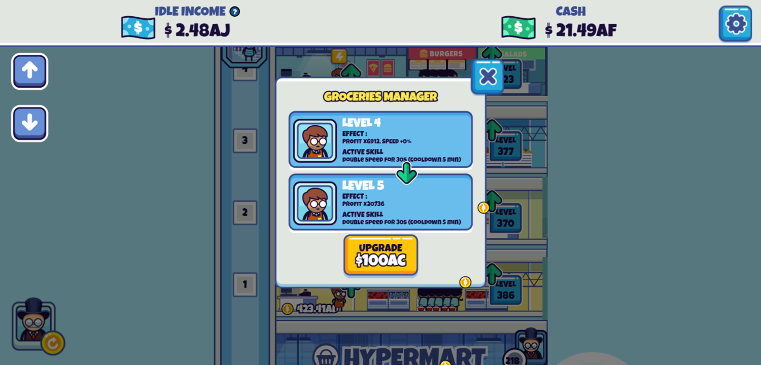 Idle Hypermart Empire Game Upgrade Manager Screen Screenshot.
