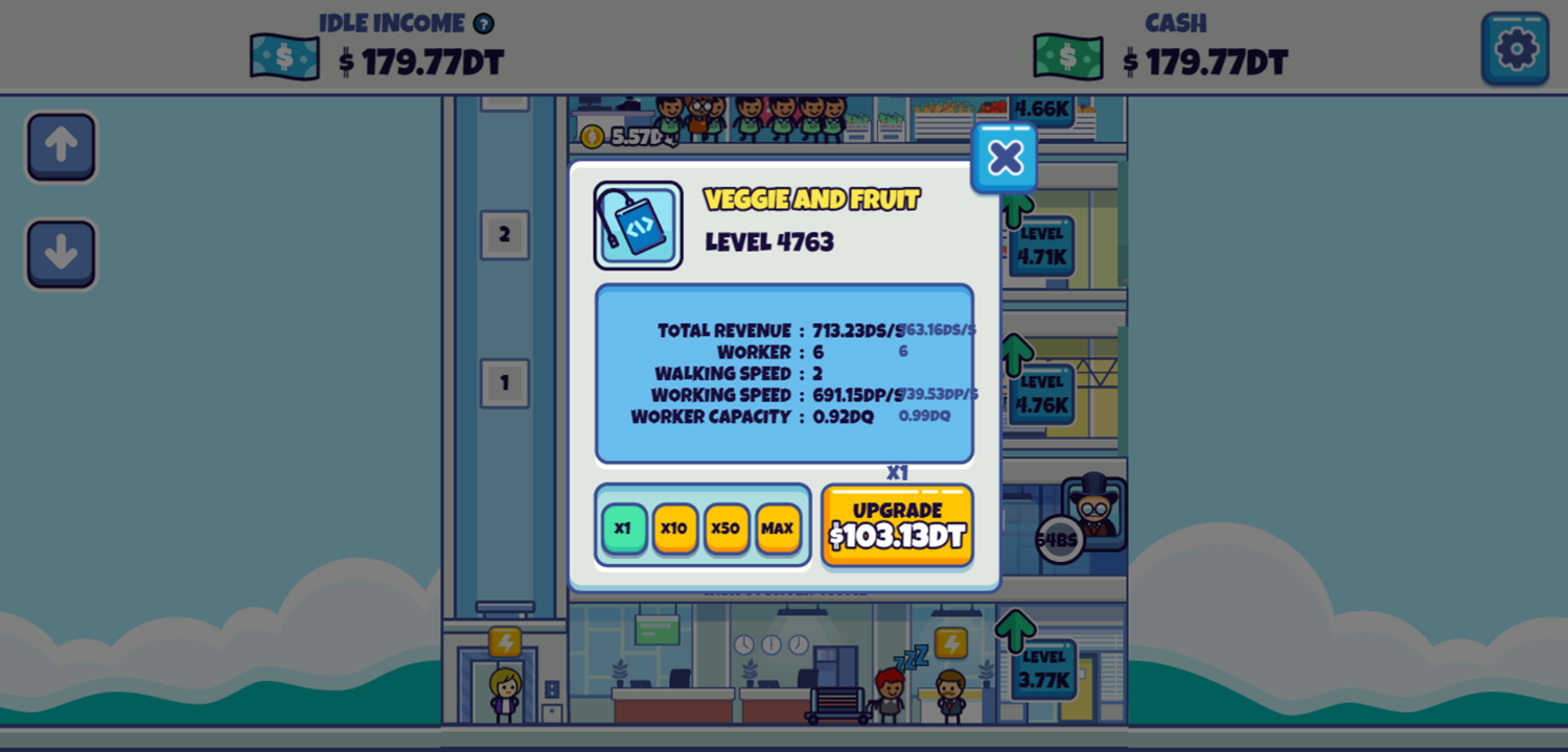 Idle Hypermart Empire Game Upgrade Worker Level Screen Screenshot.