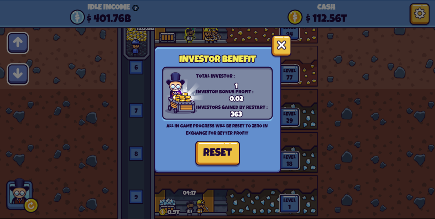 Idle Mining Empire Game Investor Benefits Screenshot.