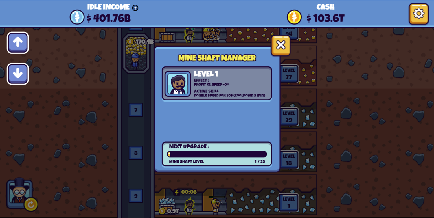 Idle Mining Empire Game Mineshaft Manager Upgrade Progress Screenshot.