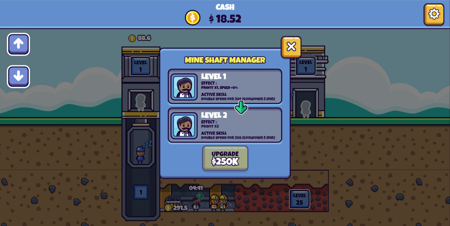 Idle Mining Empire Game Mineshaft Manager Upgrade Screenshot.