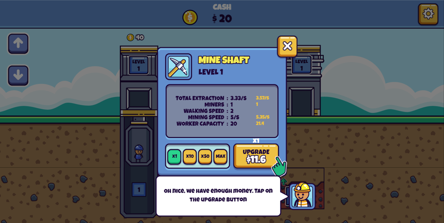 Idle Mining Empire Game Tap to Upgrade Screen Screenshot.
