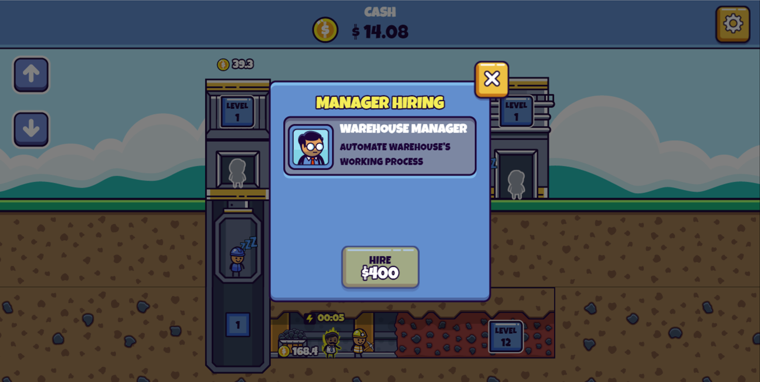 Idle Mining Empire Game Warehouse Manager Screenshot.