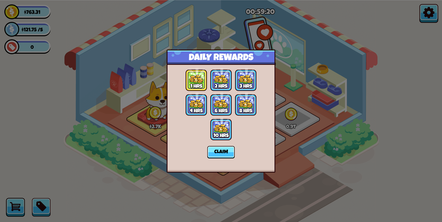 Idle Pet Business Game Daily Rewards Screen Screenshot.