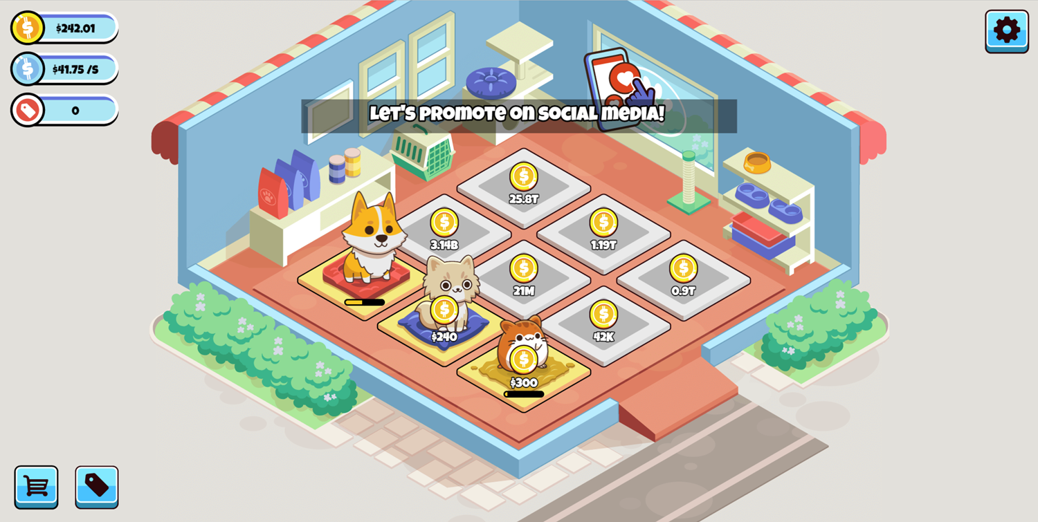 Idle Pet Business Game Let's Promote on Social Media Screenshot.