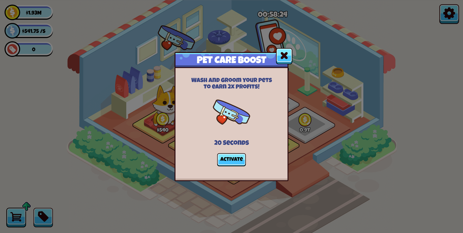 Idle Pet Business Game Pet Care Boost Screen Screenshot.