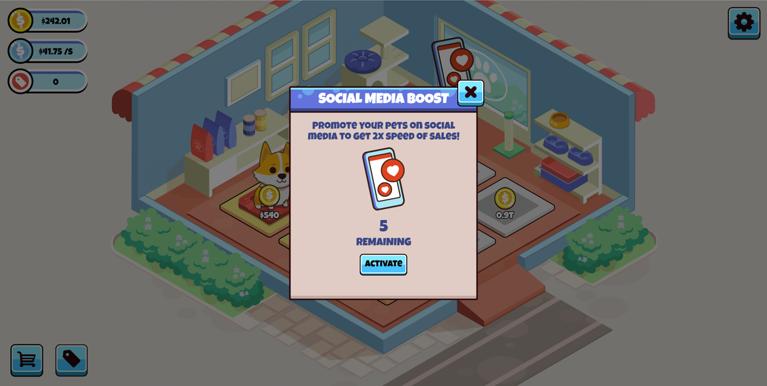 Idle Pet Business Game Social Media Boost Screen Screenshot.