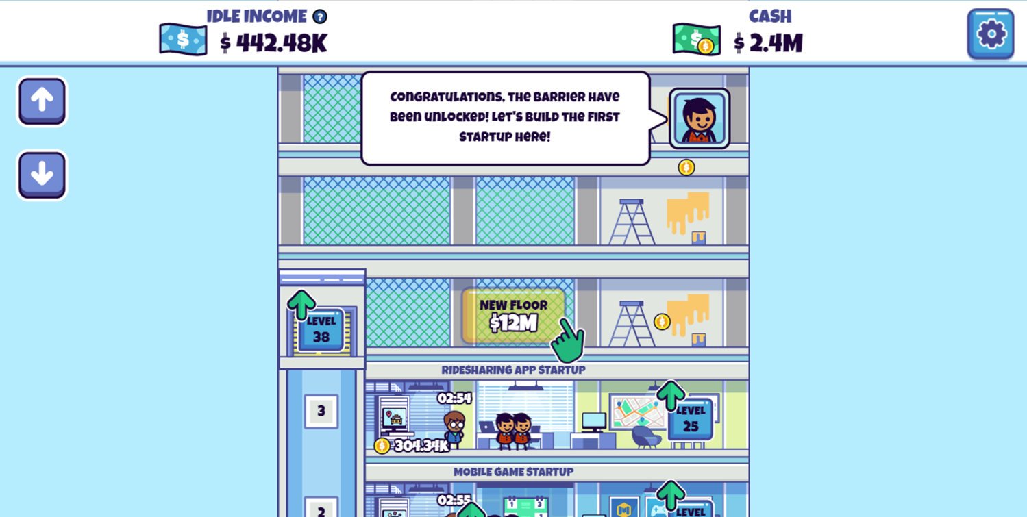 Idle Startup Tycoon Game Floor Barrier Unlocked Screen Screenshot.