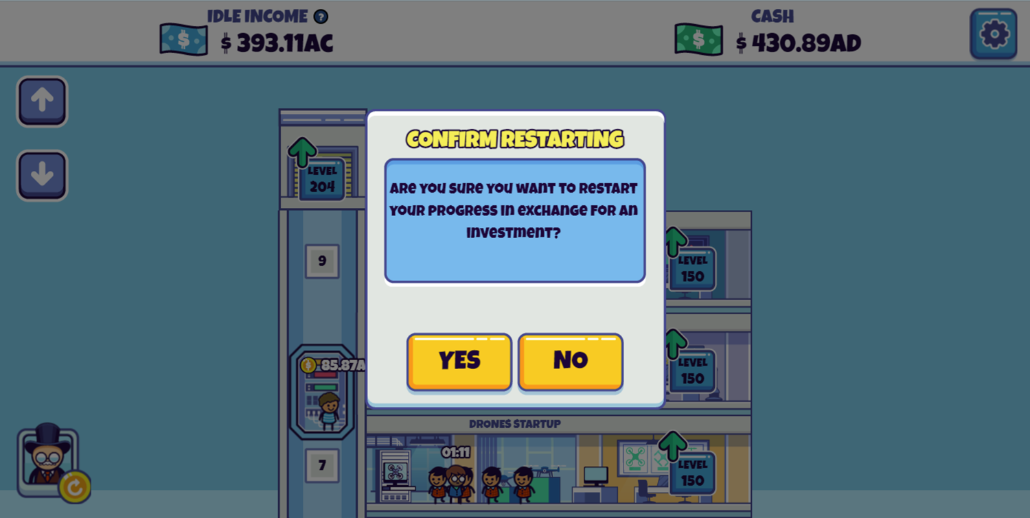 Idle Startup Tycoon Game Confirm Restart Screen Screenshot.
