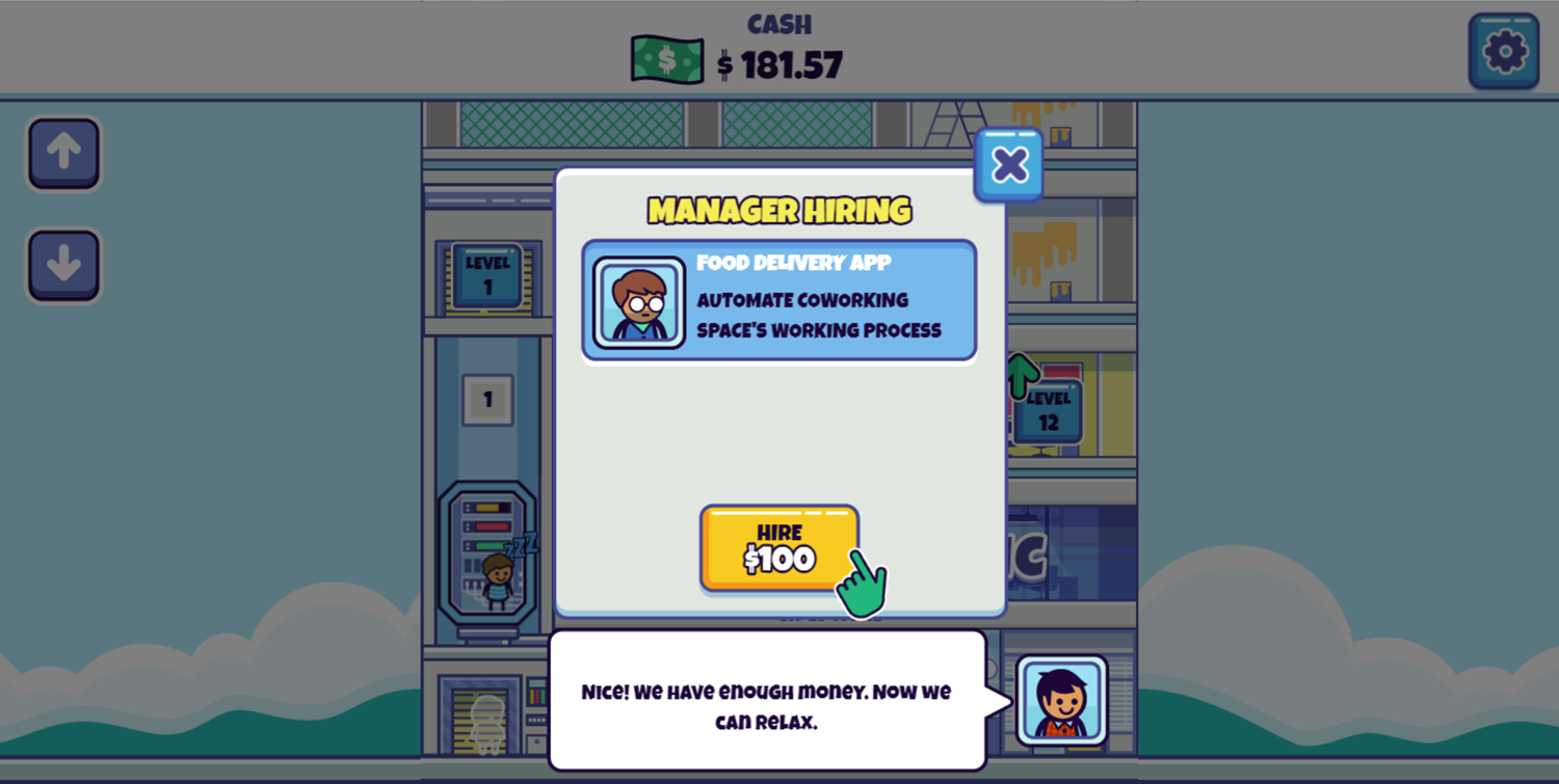 Idle Startup Tycoon Game Hire a Floor Manager Screen Screenshot.
