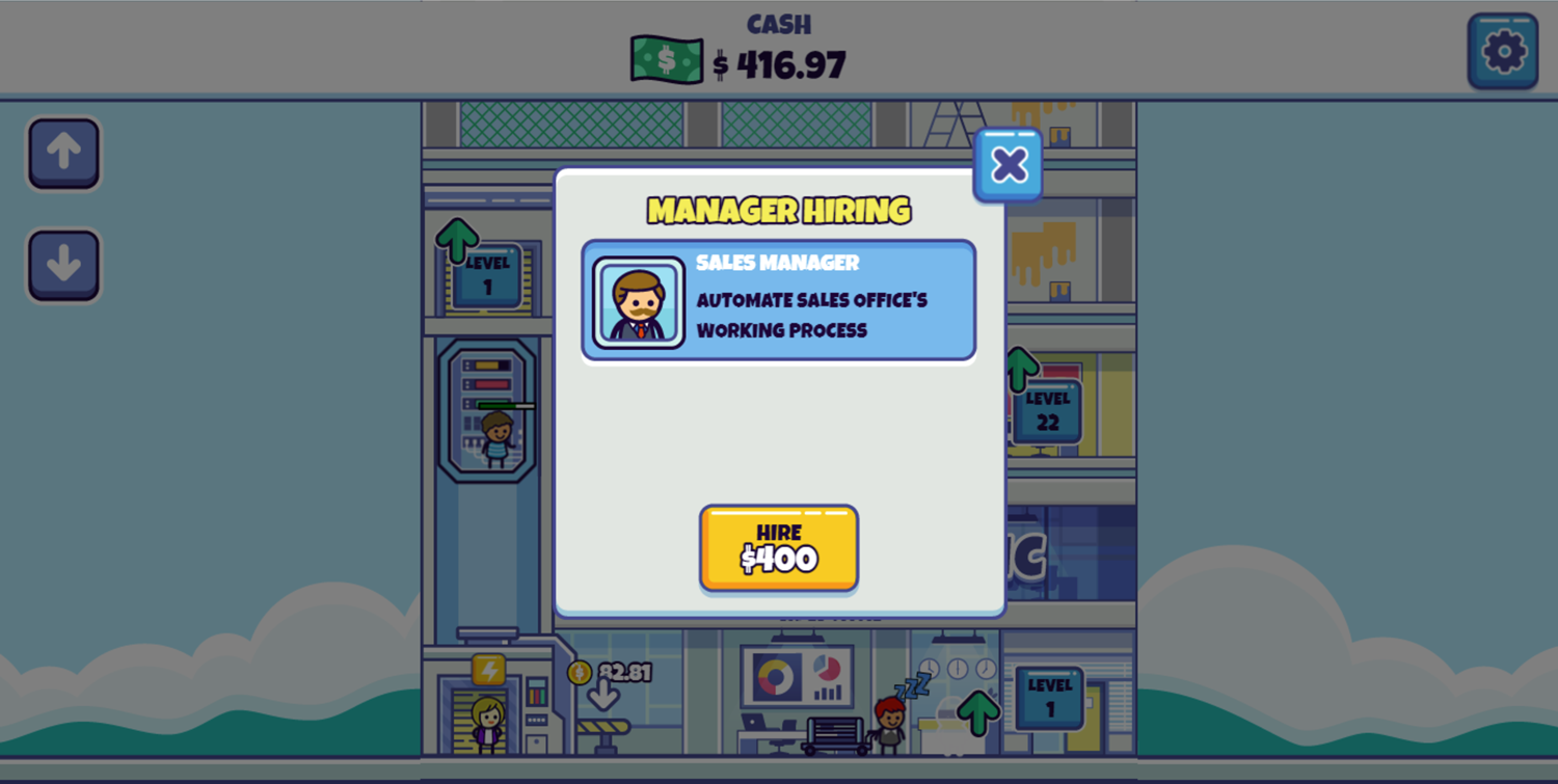 Idle Startup Tycoon Game Hire a Sales Office Manager Screen Screenshot.