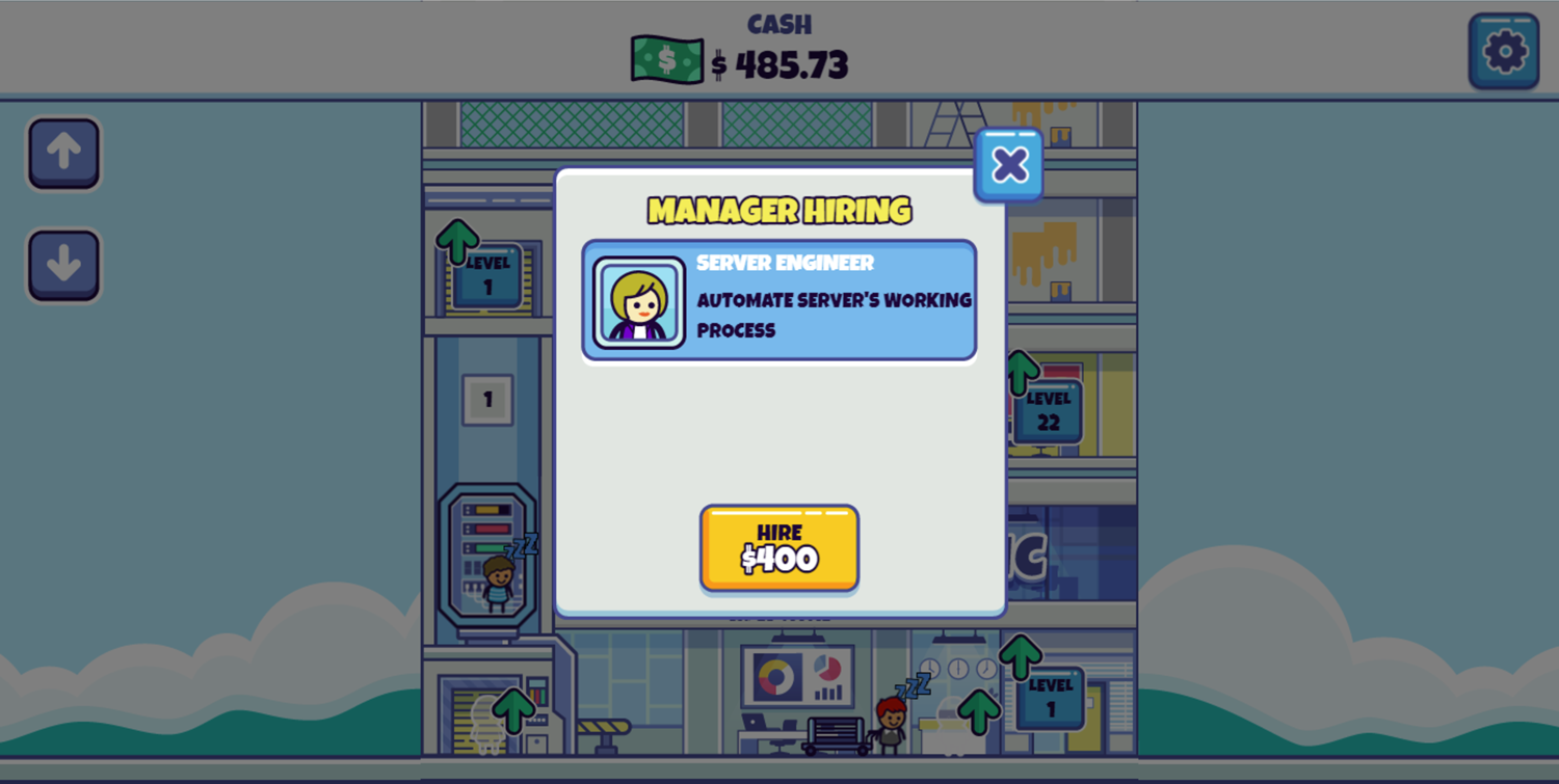 Idle Startup Tycoon Game Hire a Server Manager Screen Screenshot.