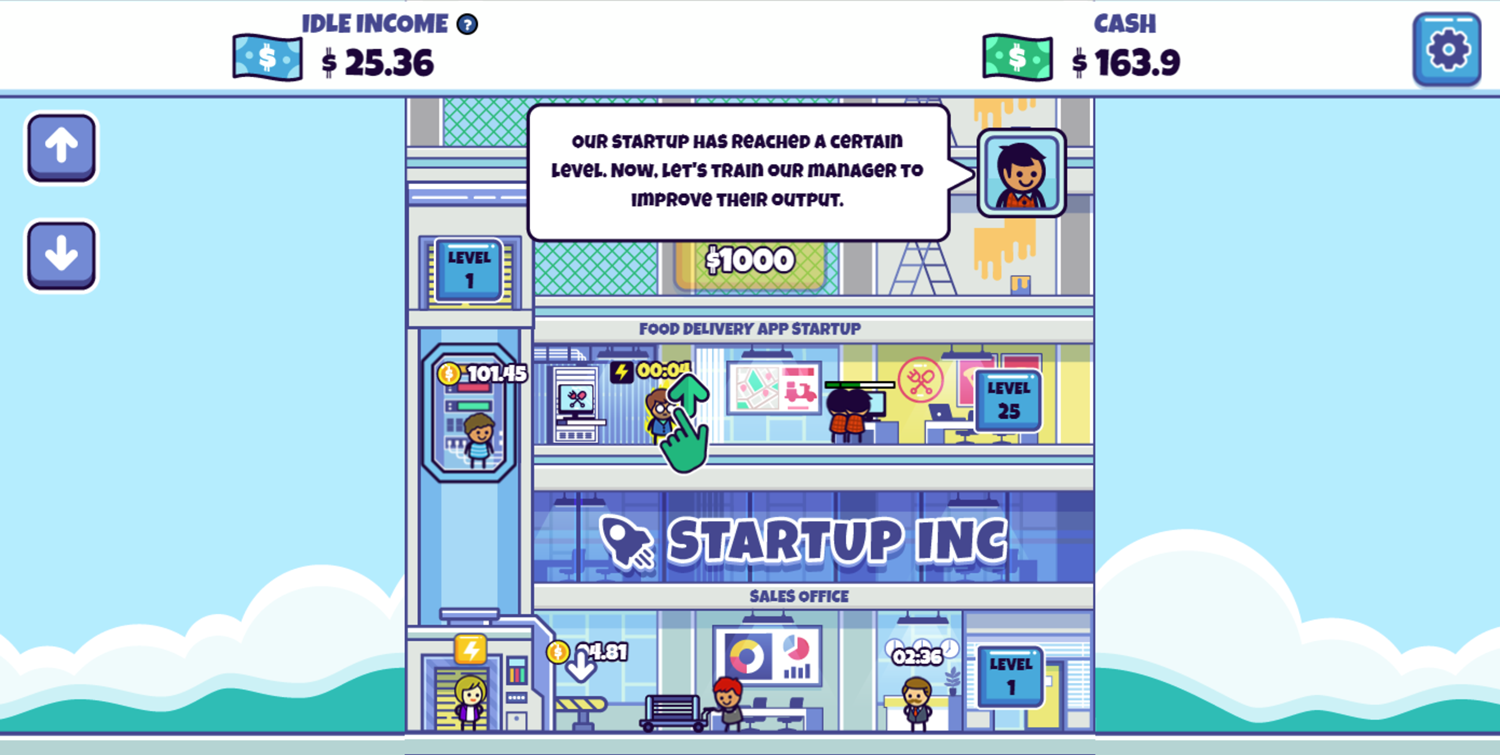Idle Startup Tycoon Game Level Up a Manager Screen Screenshot.