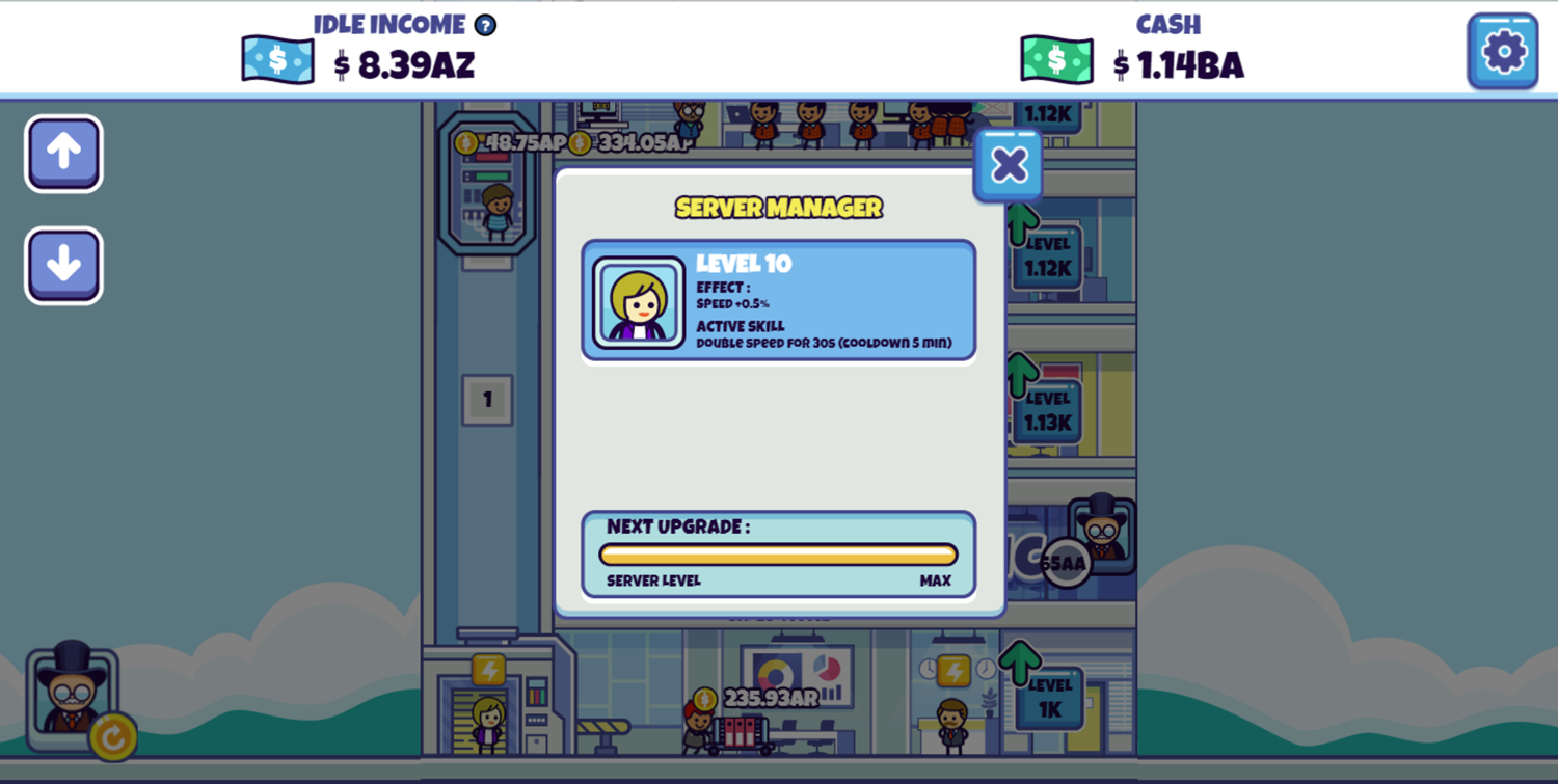 Idle Startup Tycoon Game Server Manager Fully Upgraded Screen Screenshot.