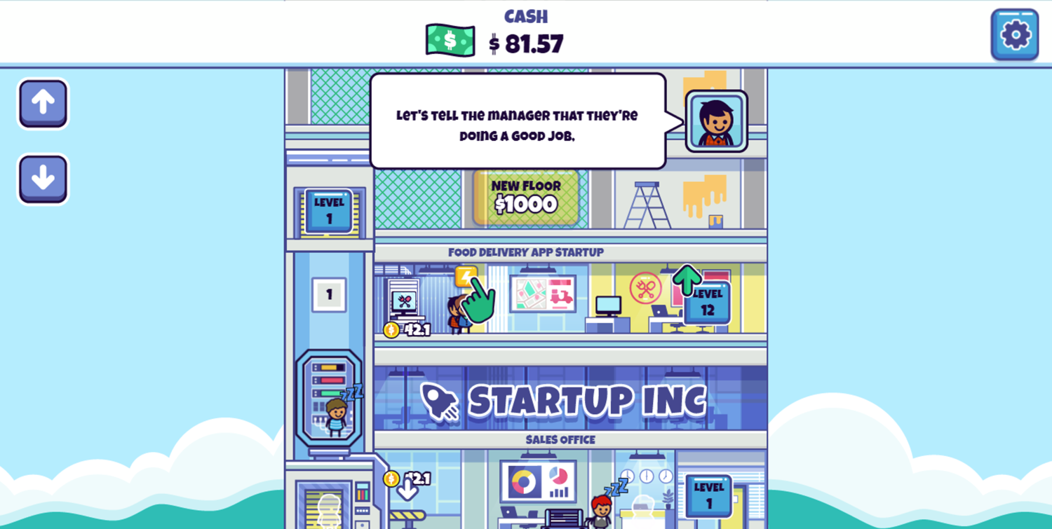 Idle Startup Tycoon Game Tell Floor Manager Good Job Screen Screenshot.