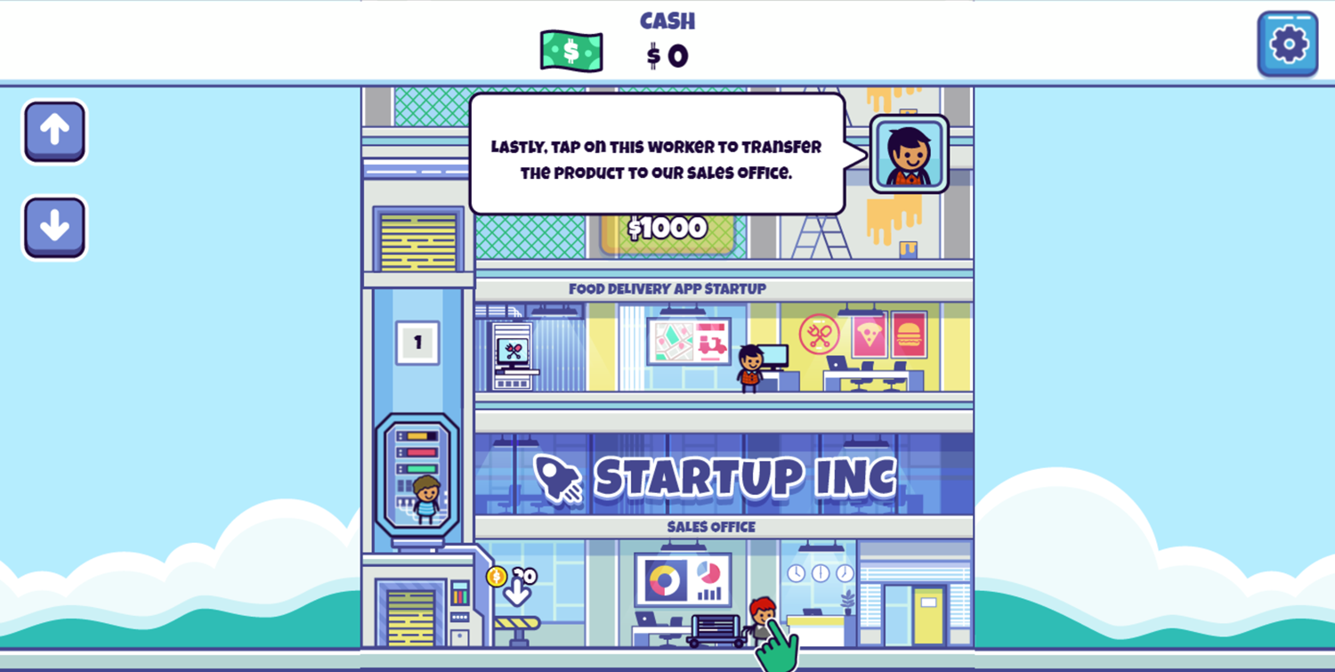 Idle Startup Tycoon Game Transfer Product to Sales Office Instructions Screen Screenshot.