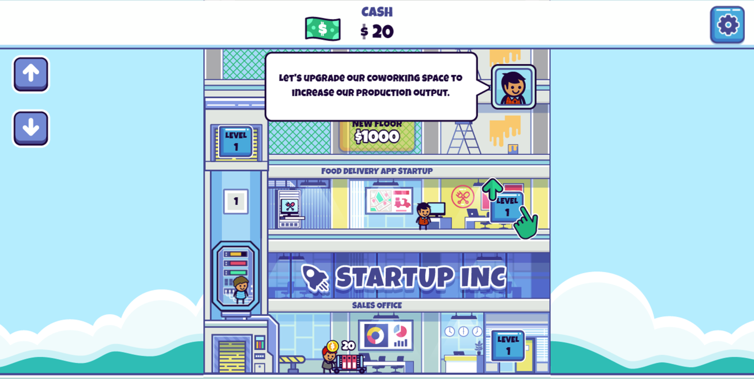 Idle Startup Tycoon Game Upgrade Coworking Space Screen Screenshot.