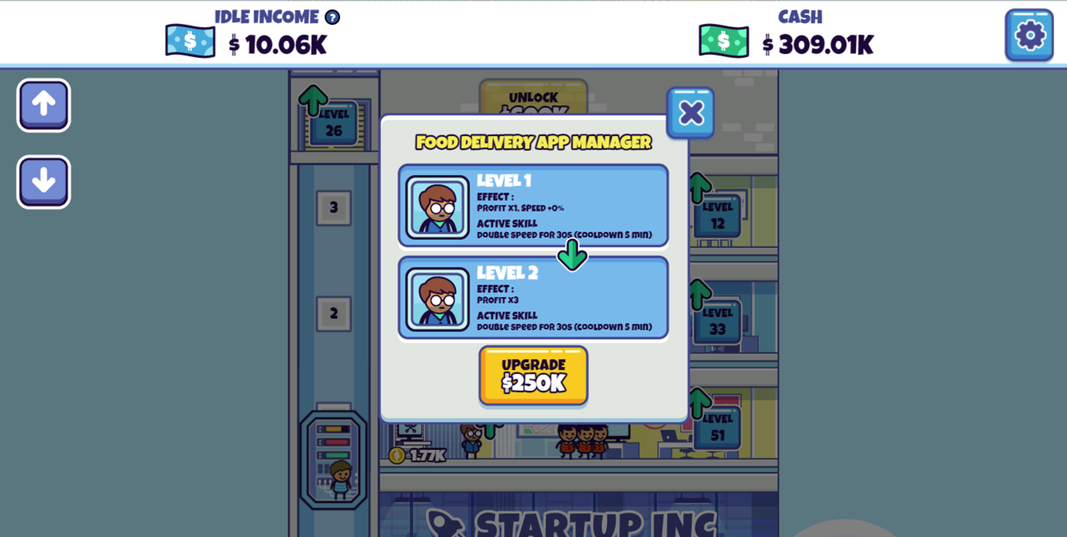 Idle Startup Tycoon Game Upgrade Floor Manager Screen Screenshot.
