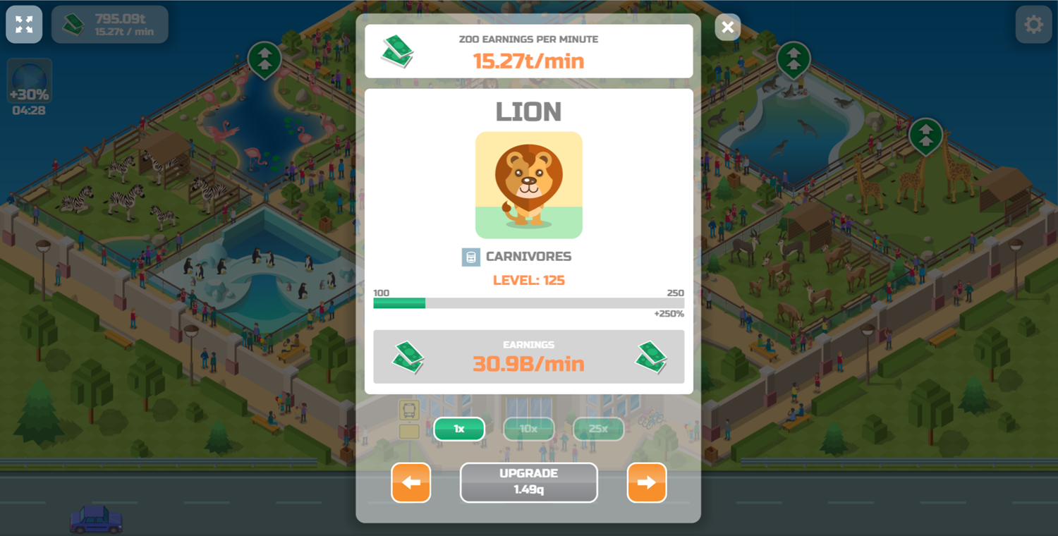 Idle Zoo Game Animal Upgrades Screen Screenshot.