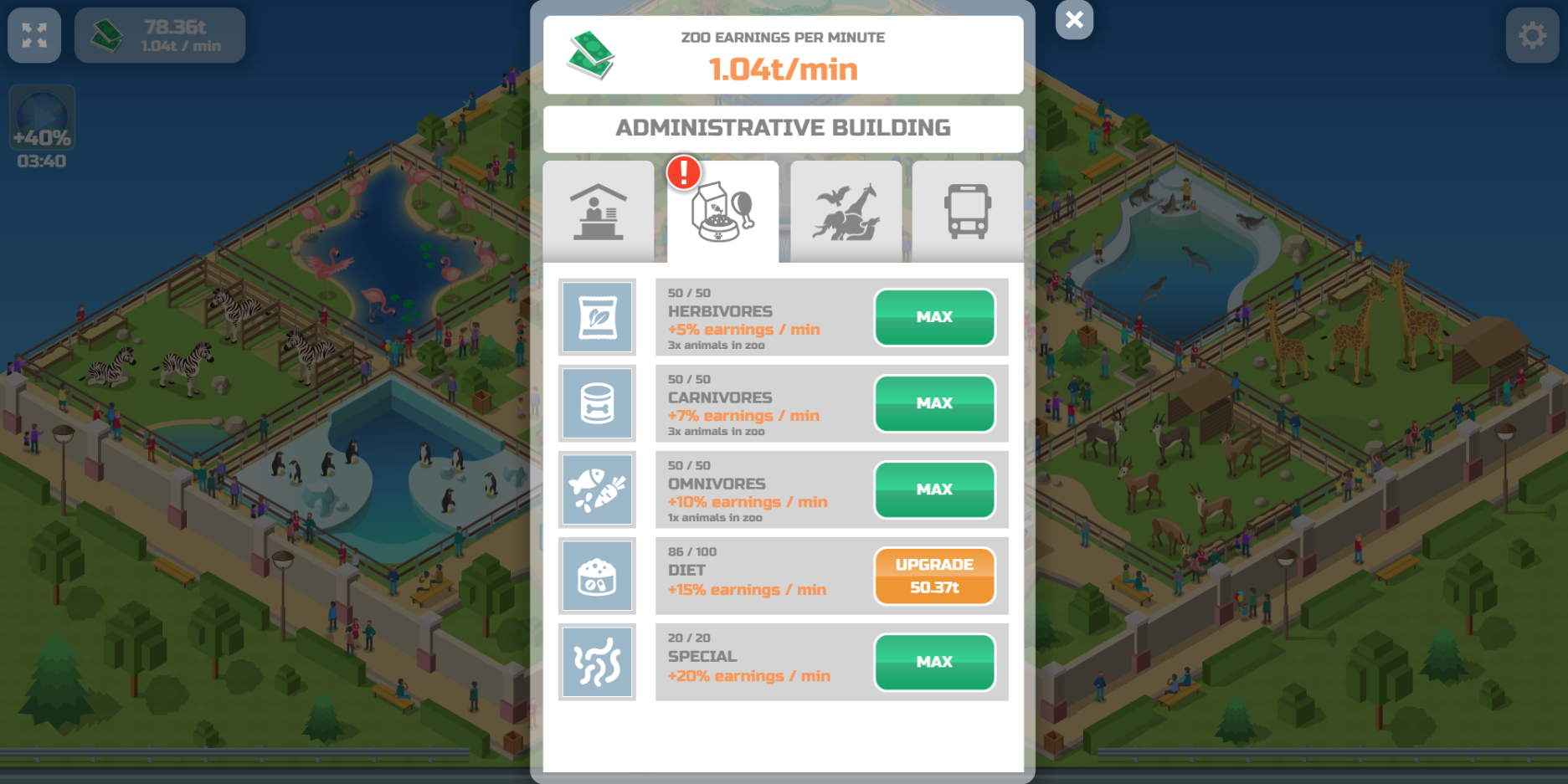 Idle Zoo Game Park Upgrades Screen Screenshot.