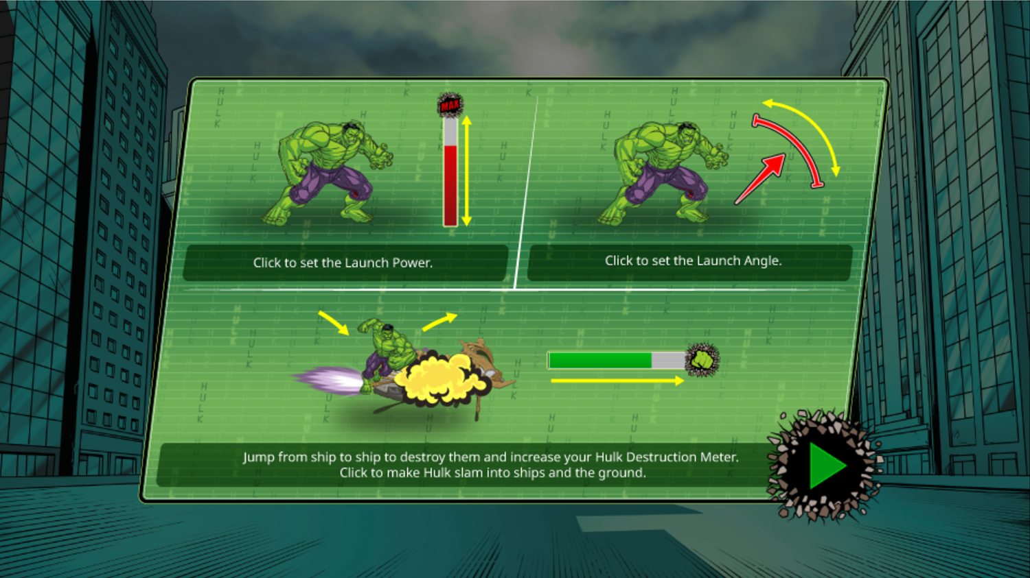 Incredible Hulk Chitauri Takedown Game Instructions Screen Screenshot.