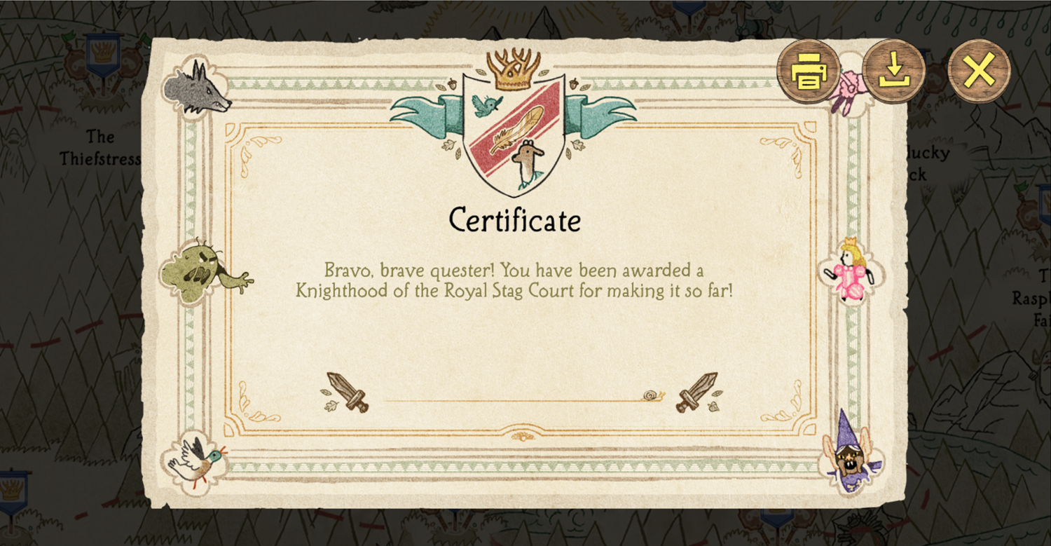 The Heroic Quest of the Valiant Prince Ivandoe Game Certificate Screenshot.