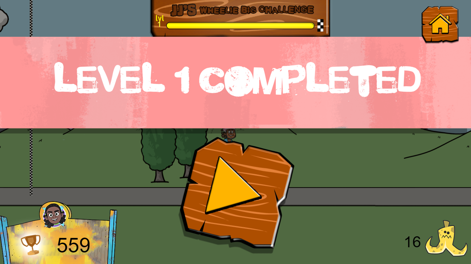 JJ's Wheelie Big Challenge Game Level Complete Screenshot.