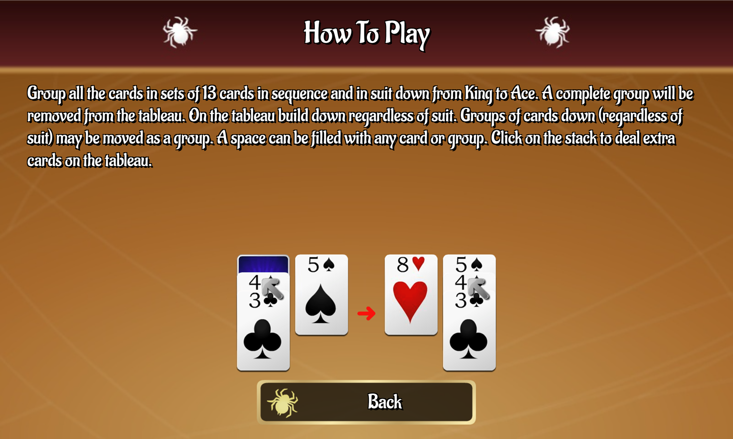 Jumping Spider Solitaire Game How to Play Screen Screenshot.