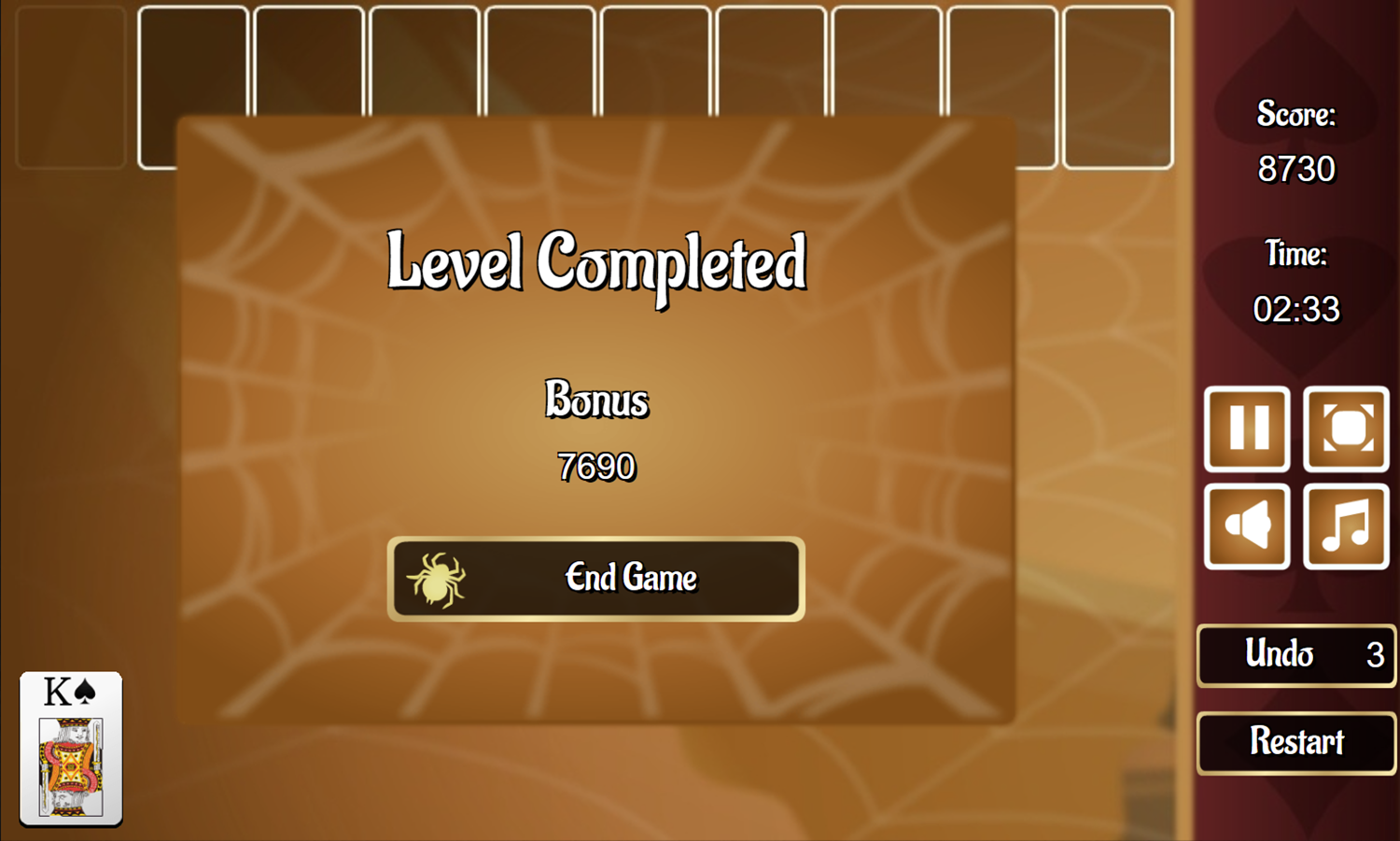 Jumping Spider Solitaire Game Level Completed Screen Screenshot.