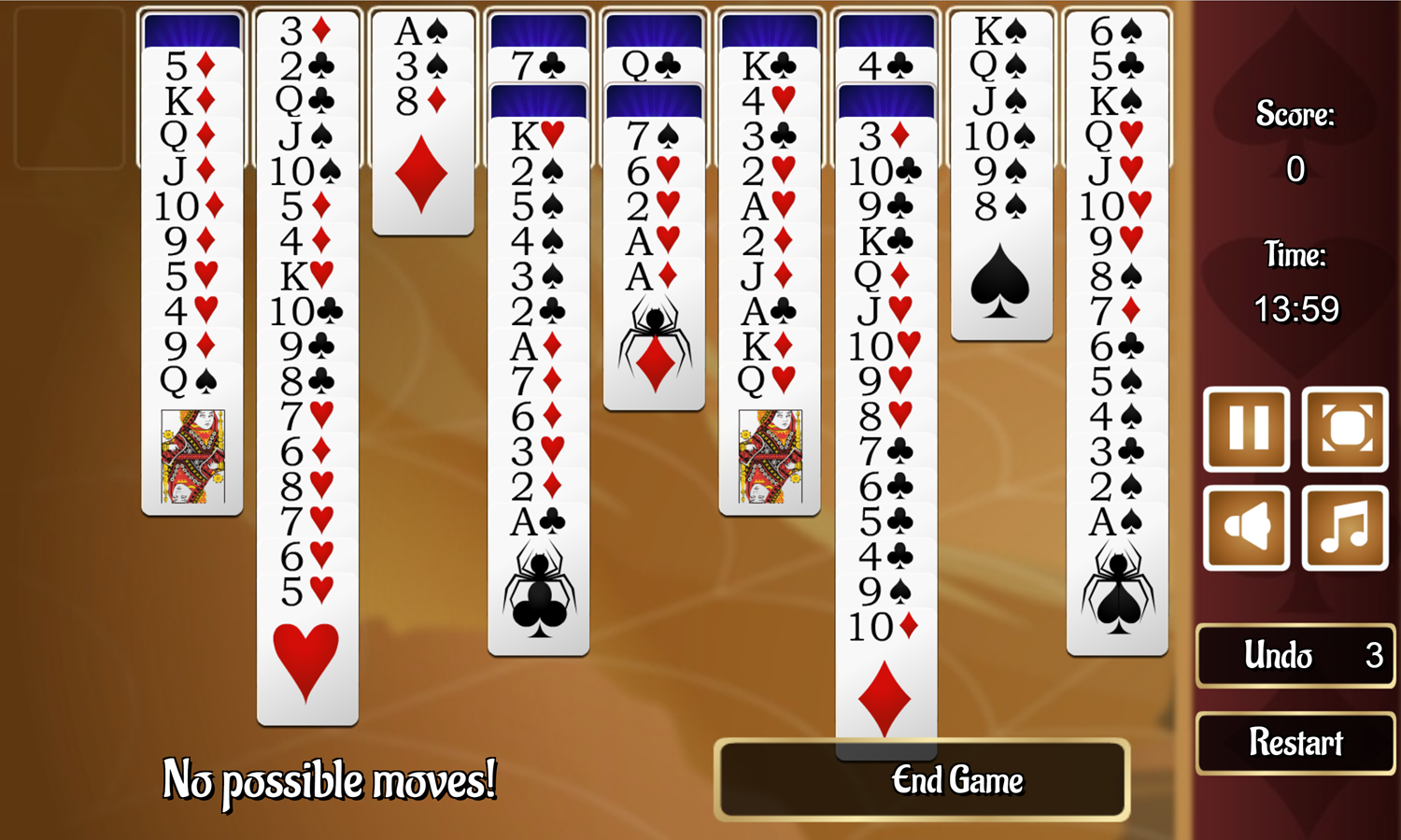 Jumping Spider Solitaire Game No Possible Moves Screenshot.