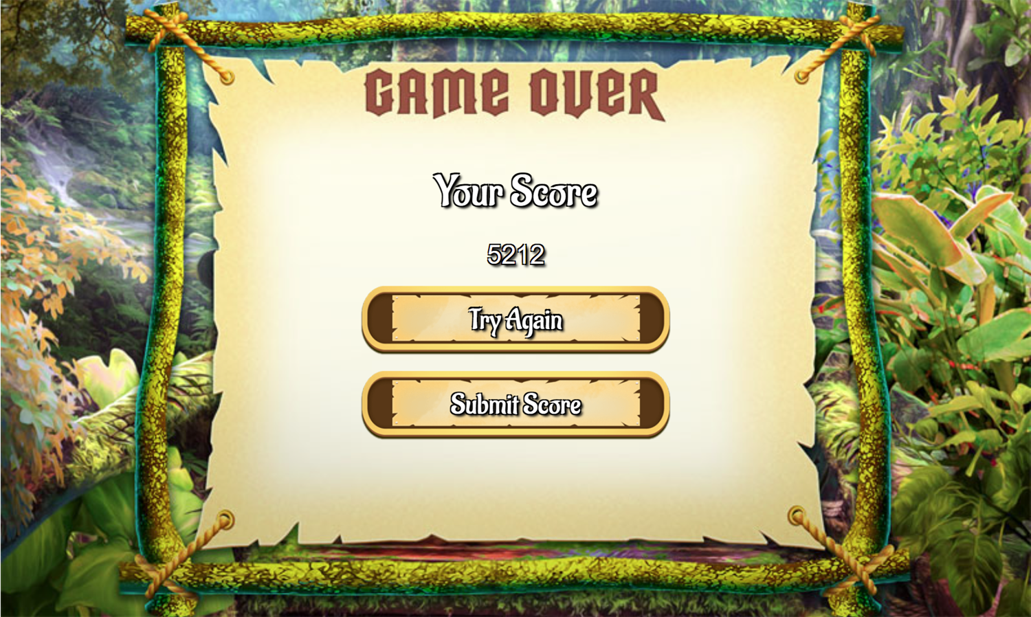 Jungle Pyramid Solitaire Game Over Screen Screenshot.