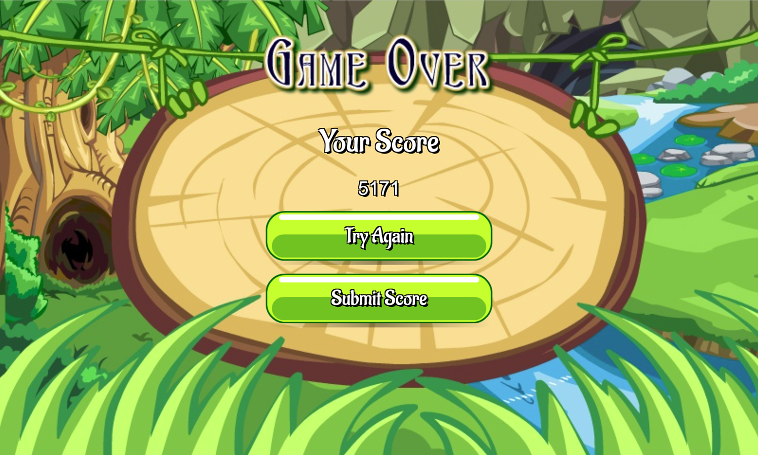 Jungle Solitaire Game Over Screen Screenshot.