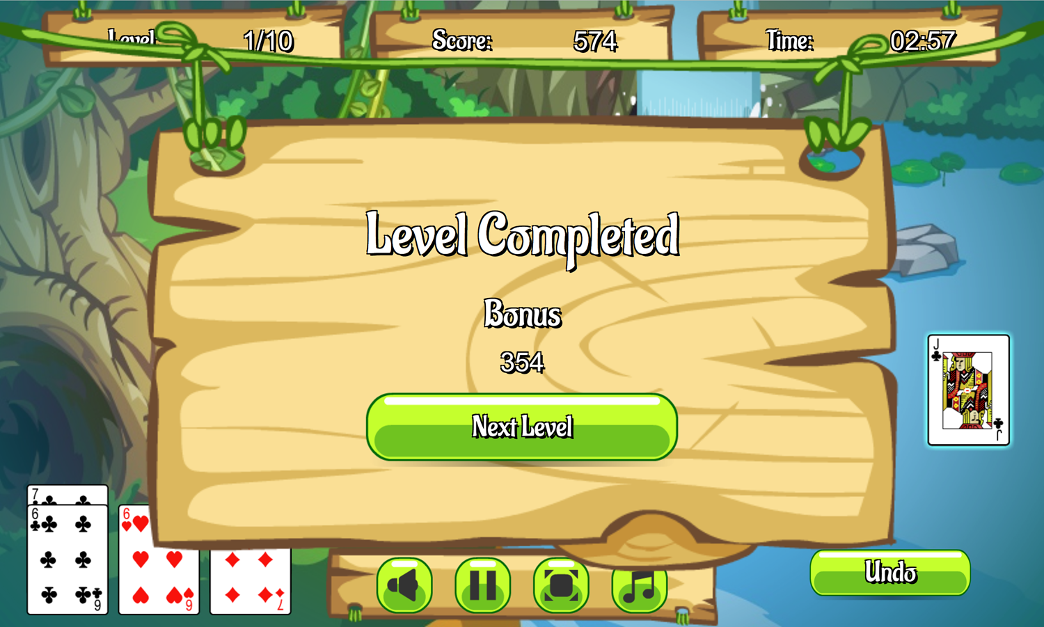 Jungle Solitaire Game Level Completed Screen Screenshot.