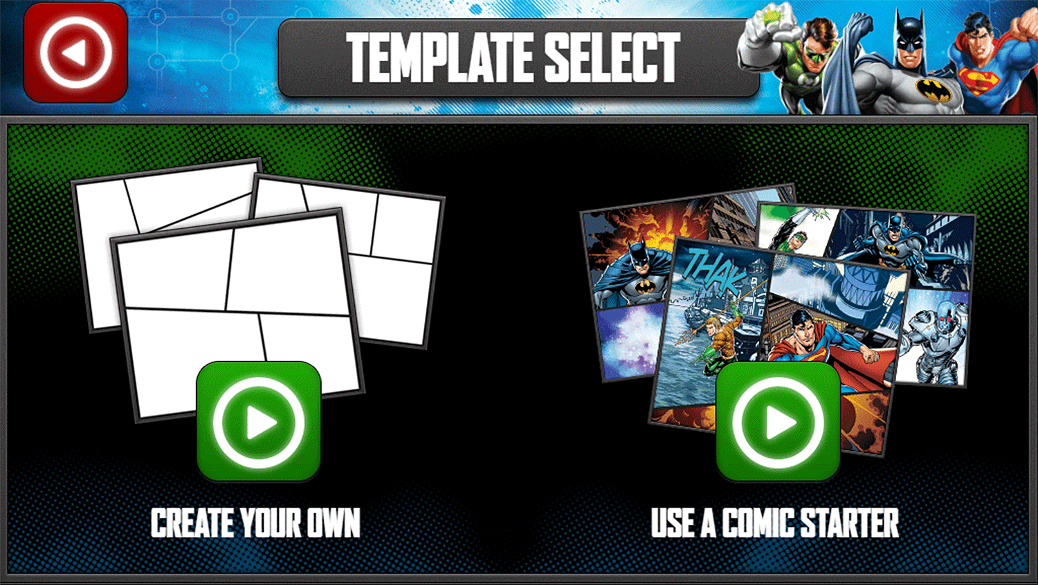 Justice League Comic Creator Game Template Select Screenshot.