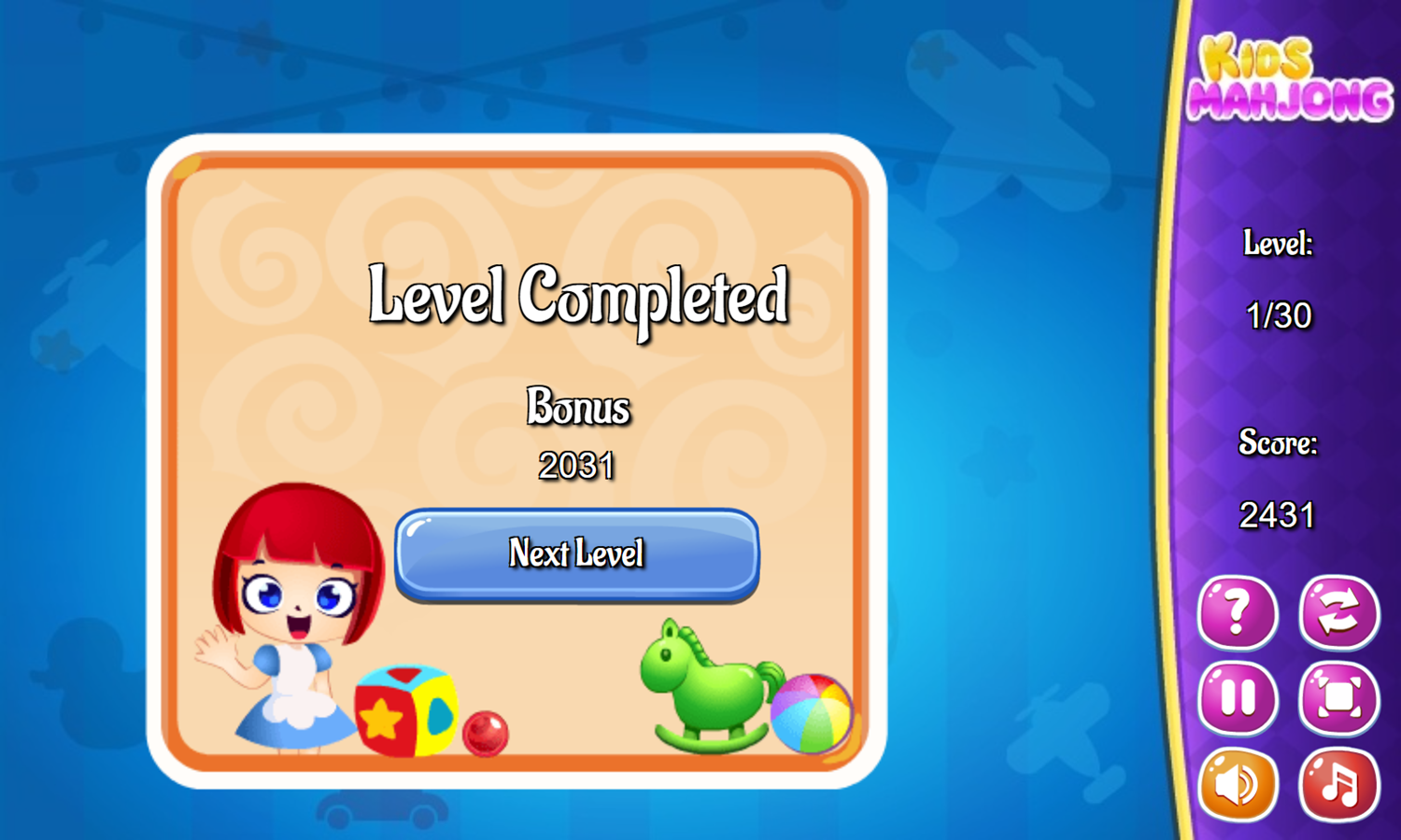 Kids Mahjong Game Level Completed Screenshot.