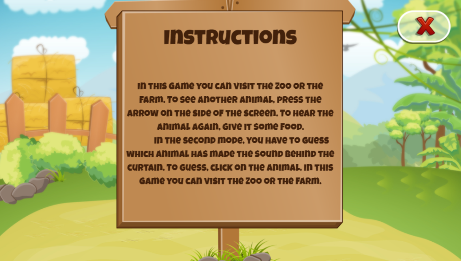 Kids Zoo Farm Game Instructions Screenshot.