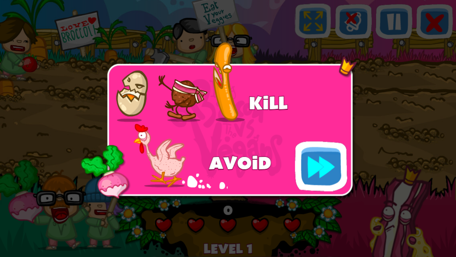 King Bacon vs Vegans Game Level Goal Screenshot.