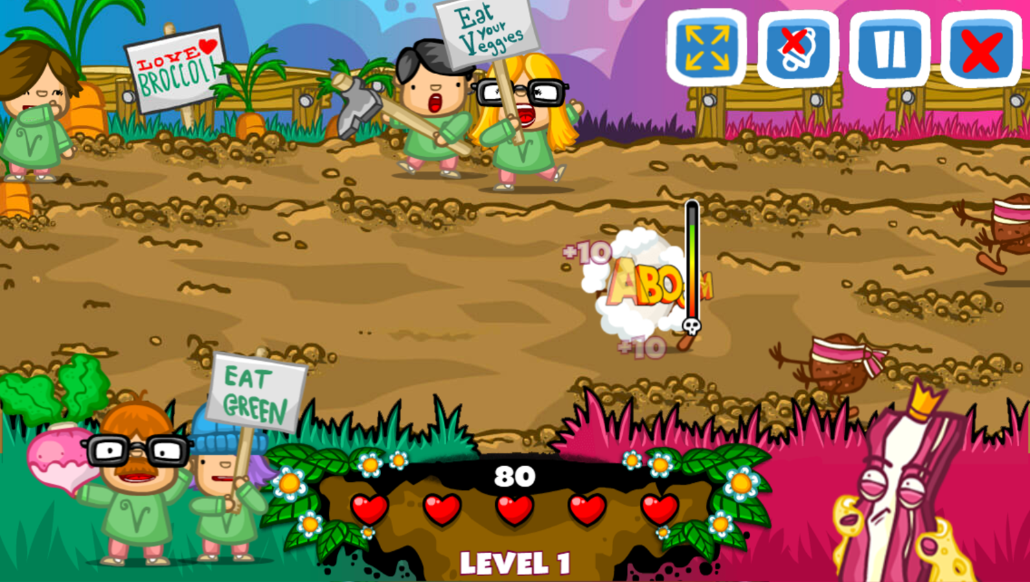 King Bacon vs Vegans Game Level Play Screenshot.