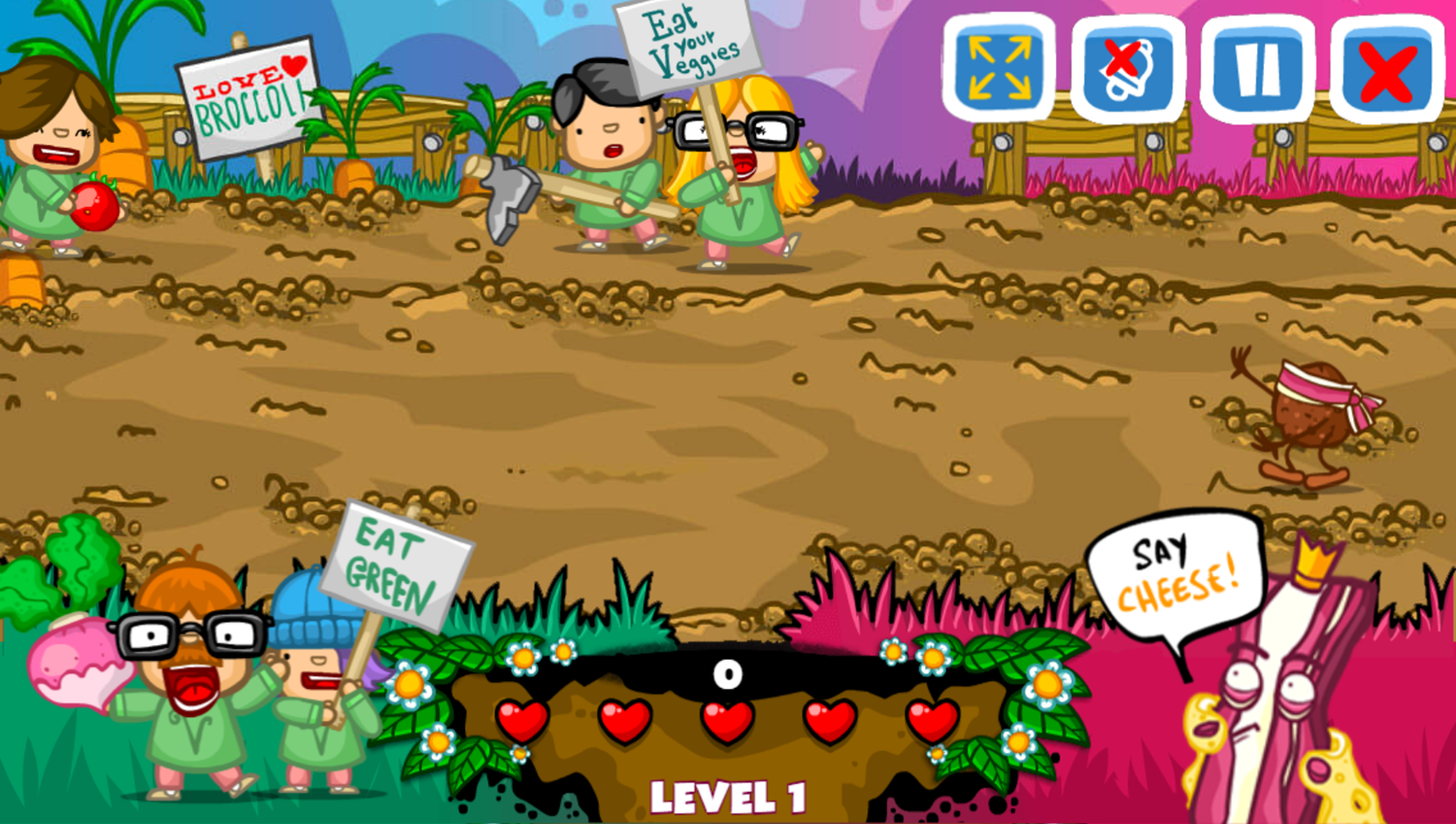 King Bacon vs Vegans Game Level Start Screenshot.