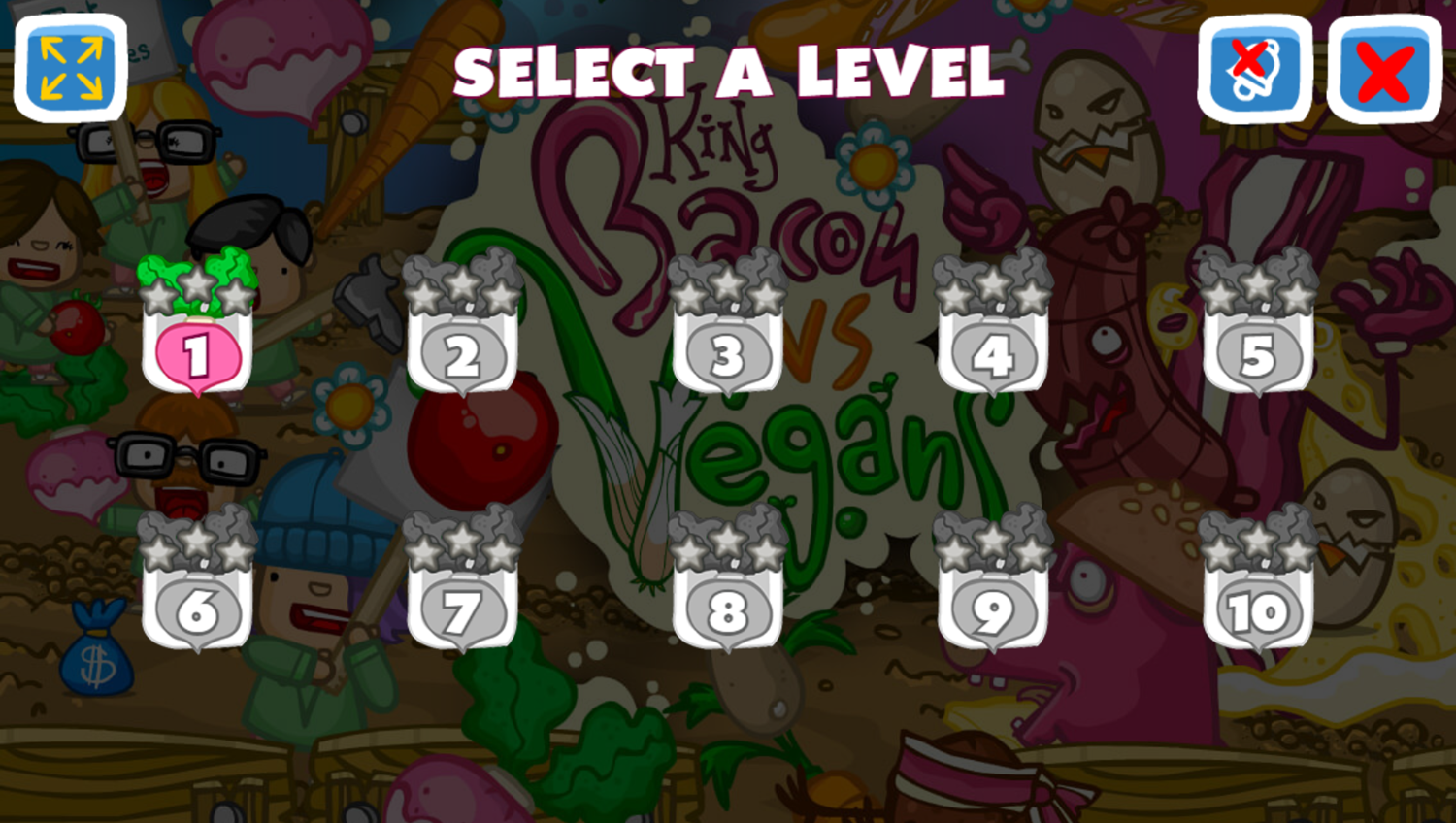 King Bacon vs Vegans Game Select Level Screenshot.
