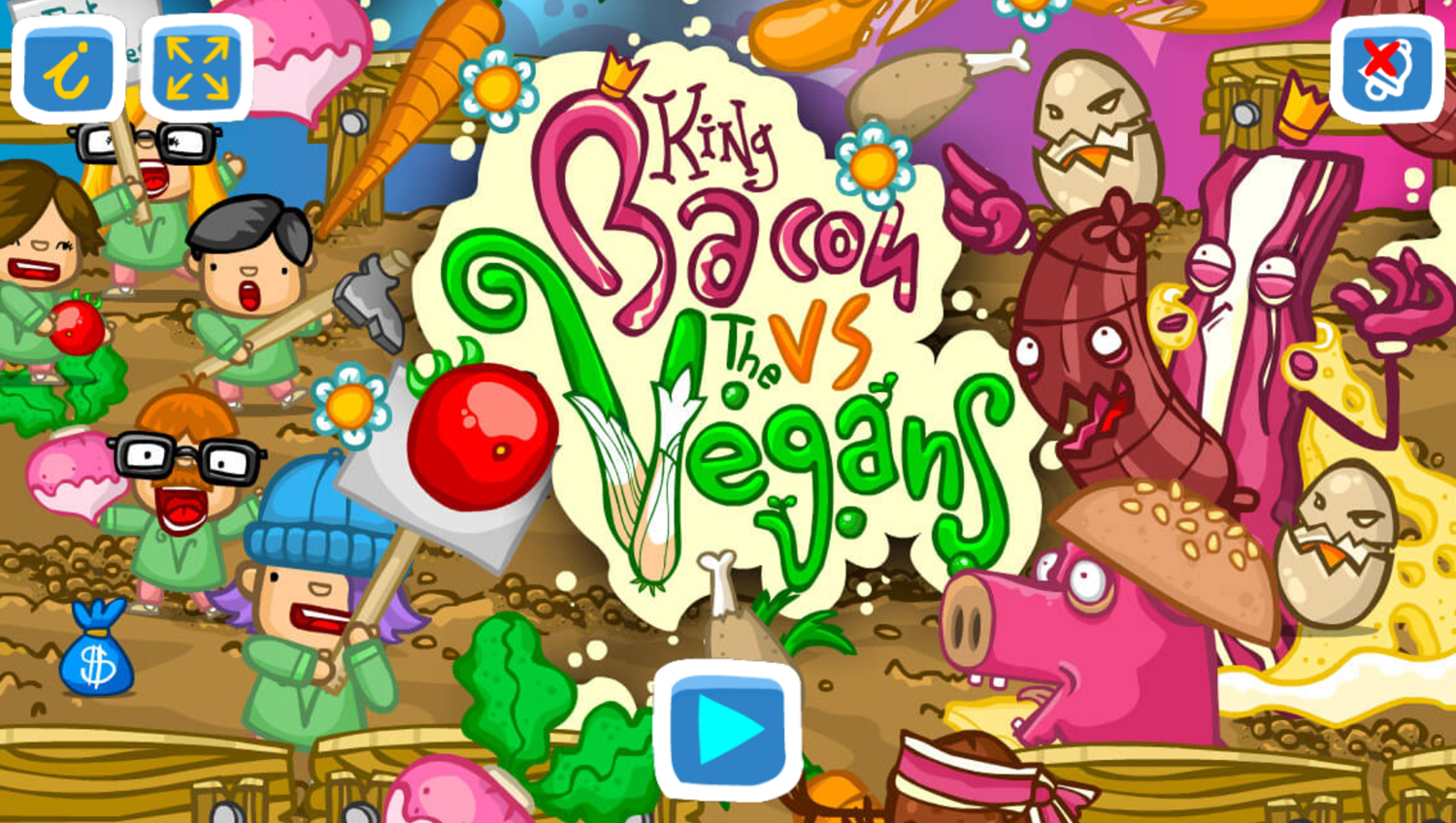 King Bacon vs Vegans Game Welcome Screen Screenshot.