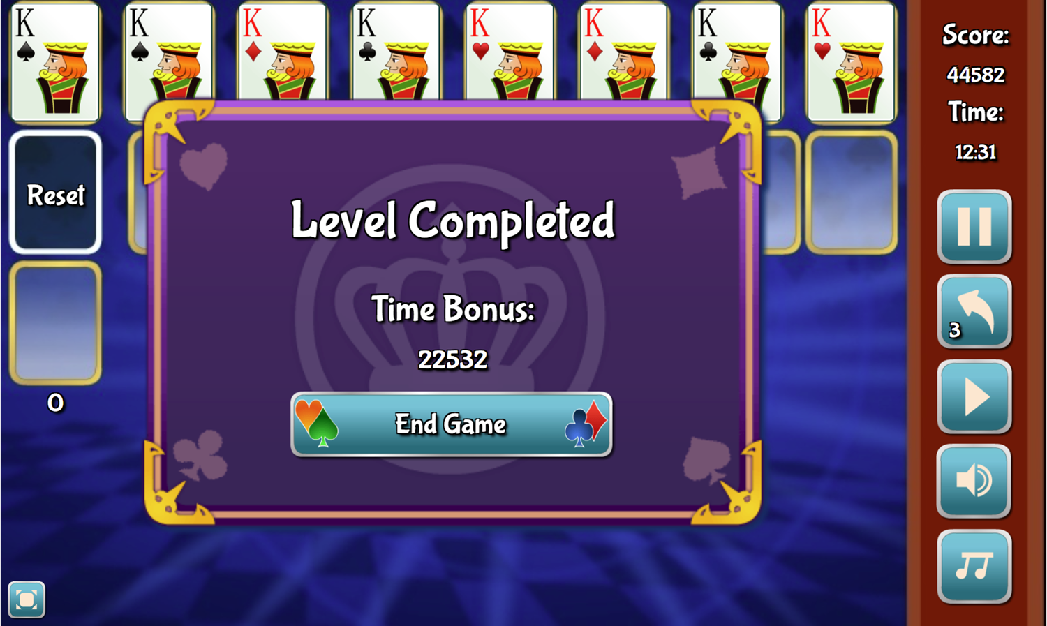 Kings Klondike Game Level Completed Screen Screenshot.