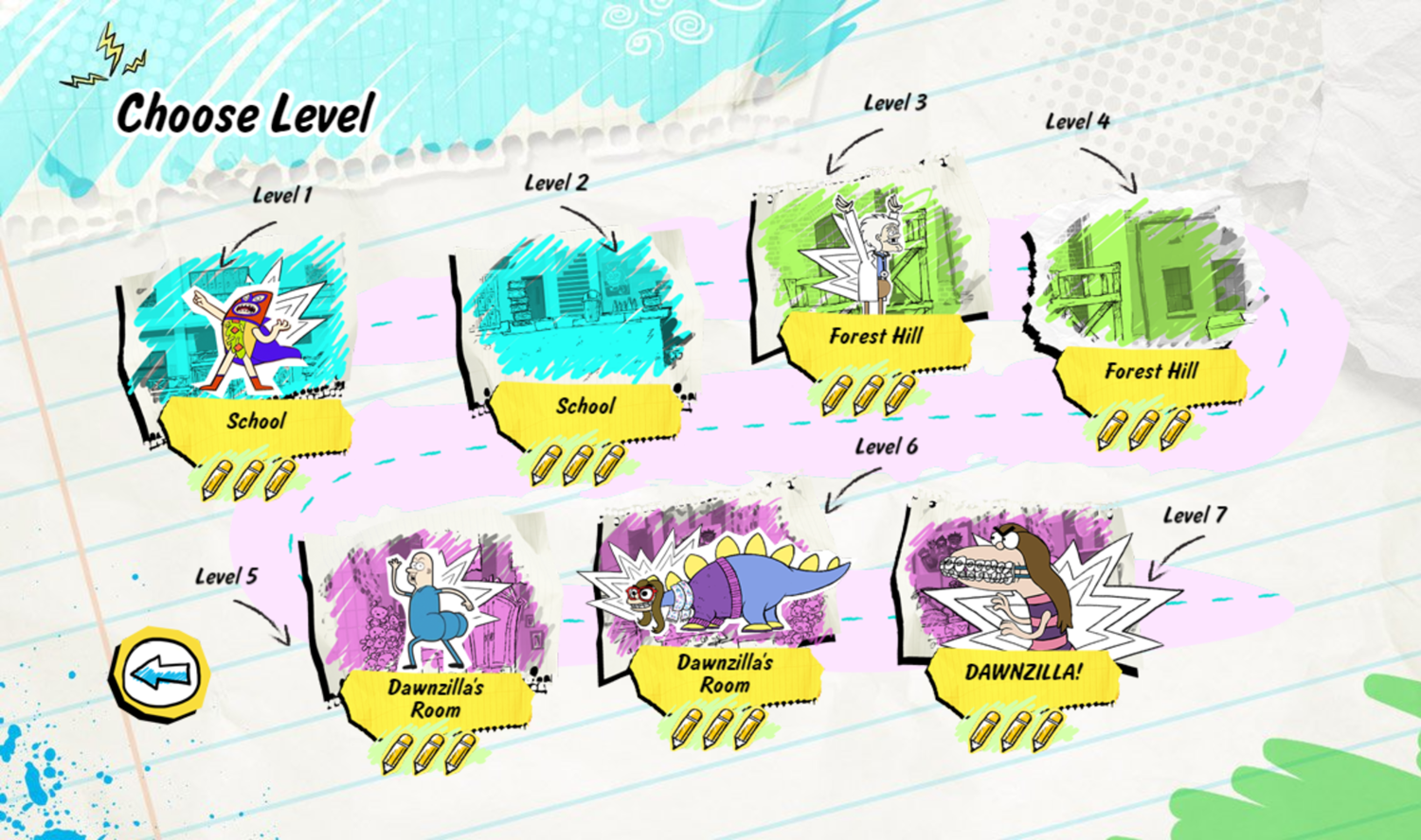 Kirby Buckets Scrawl & Brawl Game Level Select Screen Screenshot.