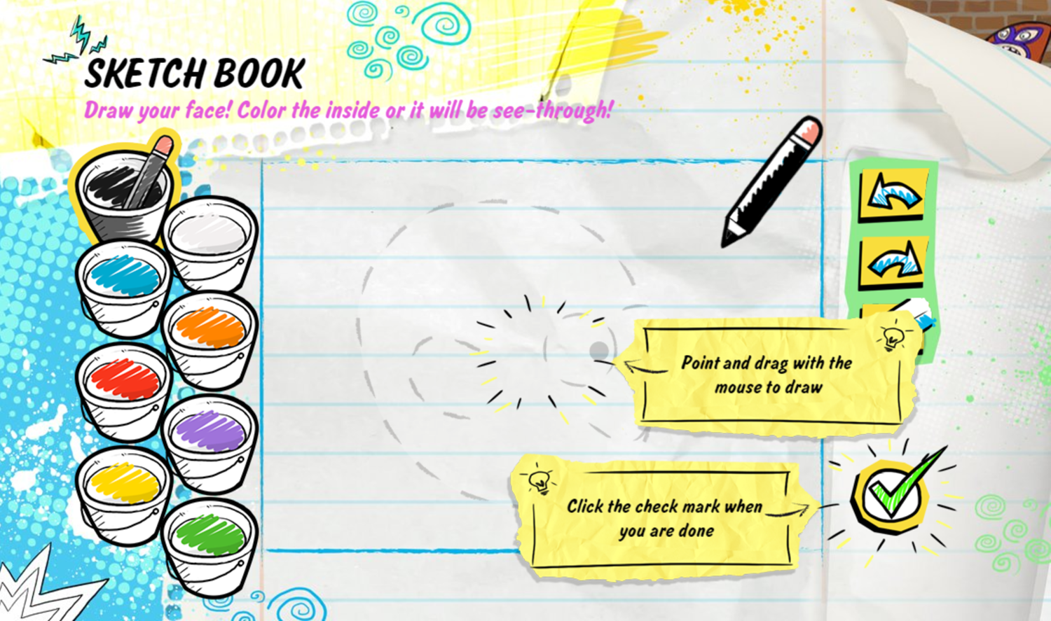 Kirby Buckets Scrawl & Brawl Game Sketch Book Instructions Screenshot.