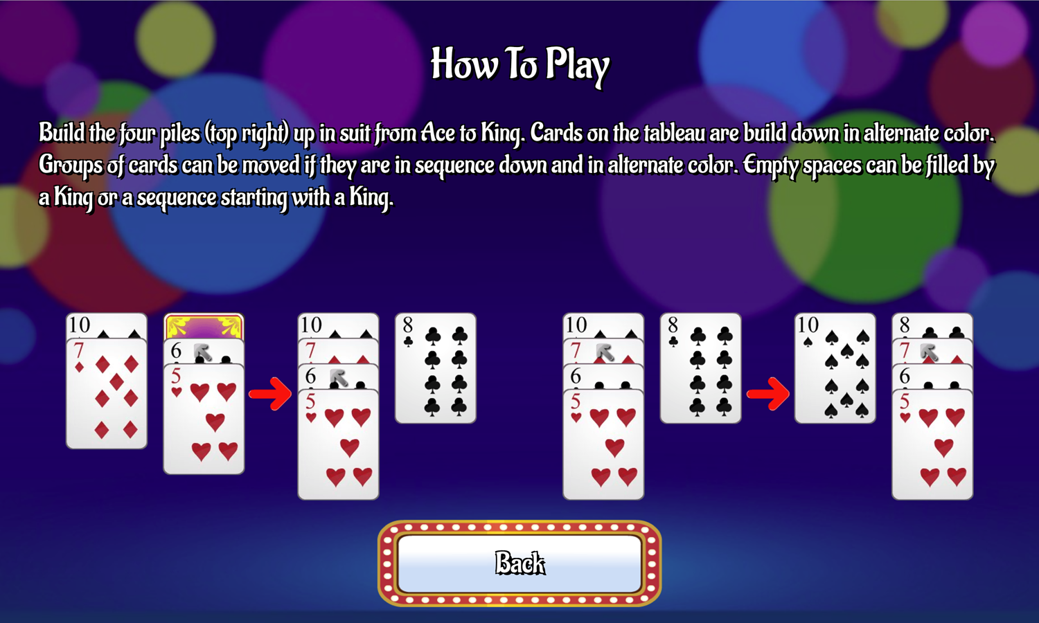 Klondike Solitaire Game How to Play Screen Screenshot.