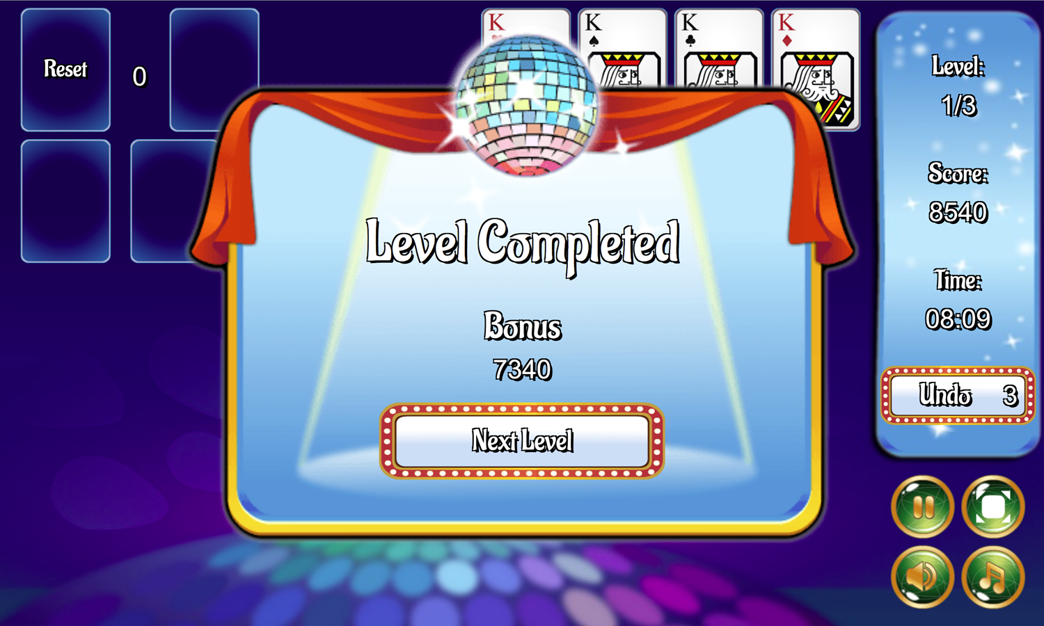 Klondike Solitaire Game Level Completed Screen Screenshot.