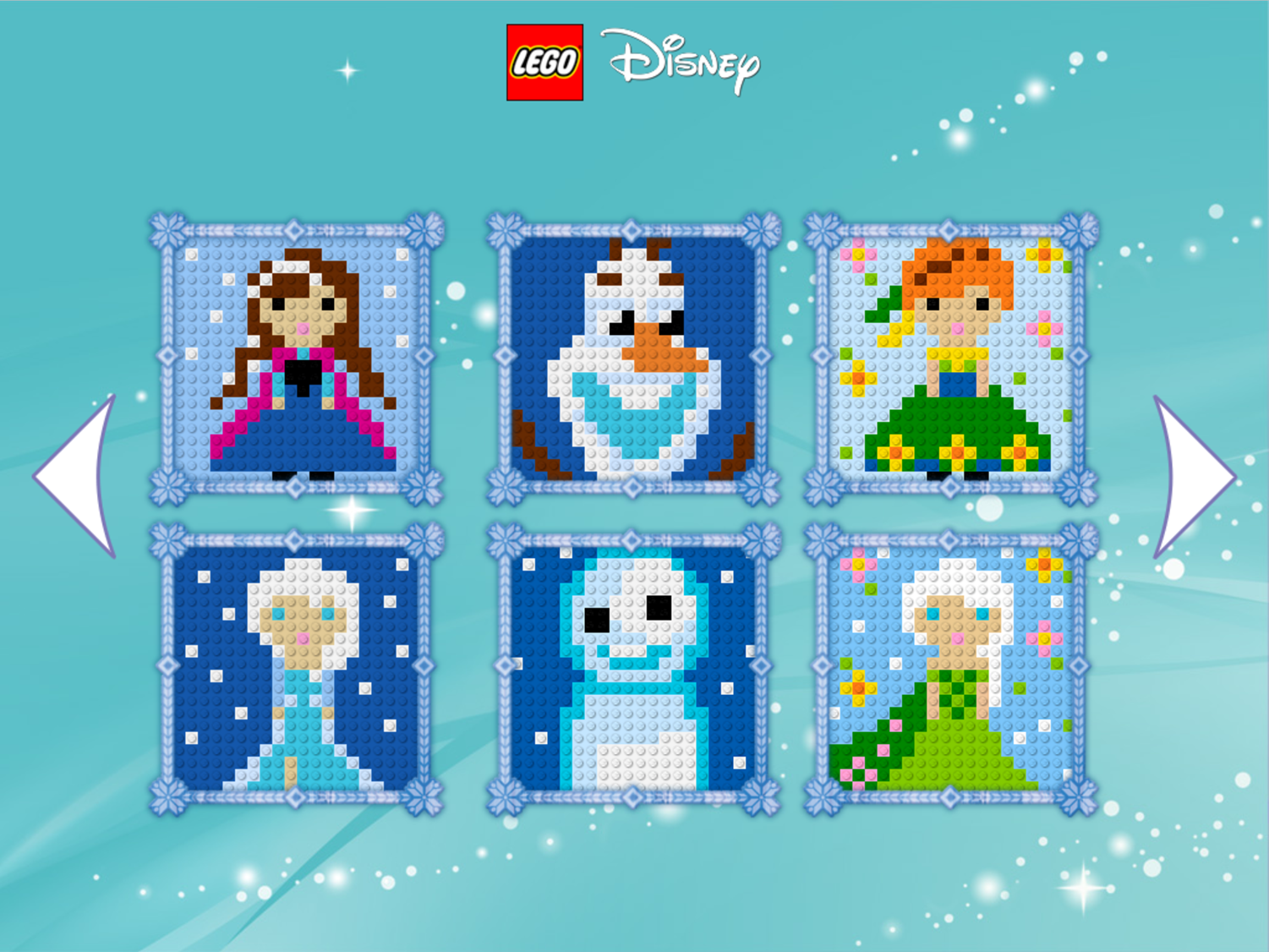 LEGO Disney Brixel Art Game Frozen Elsa, Anna & Olaf Scene Selection Screen Screenshot.