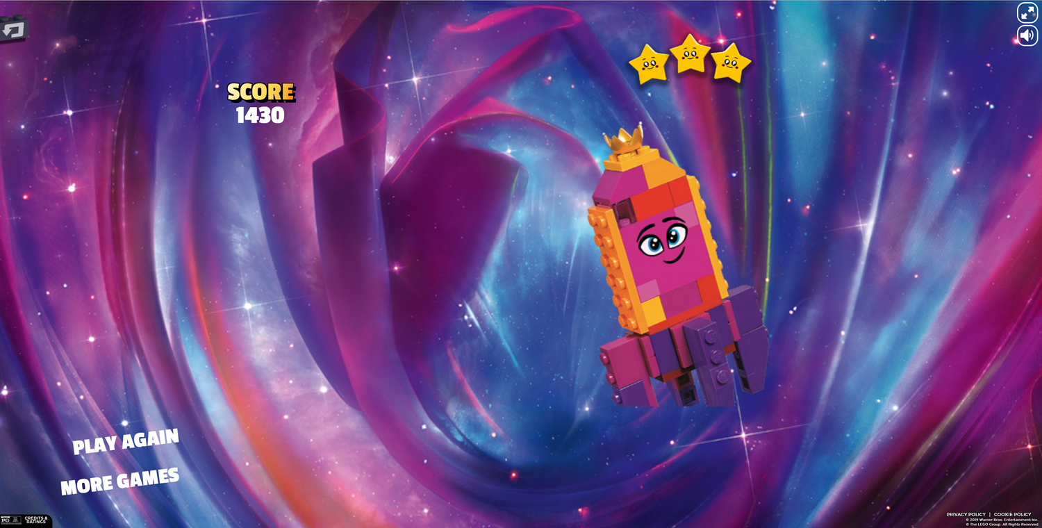 LEGO Movie 2 Queen Watevra Wa'nabi Match Game Over Screen Screenshot.