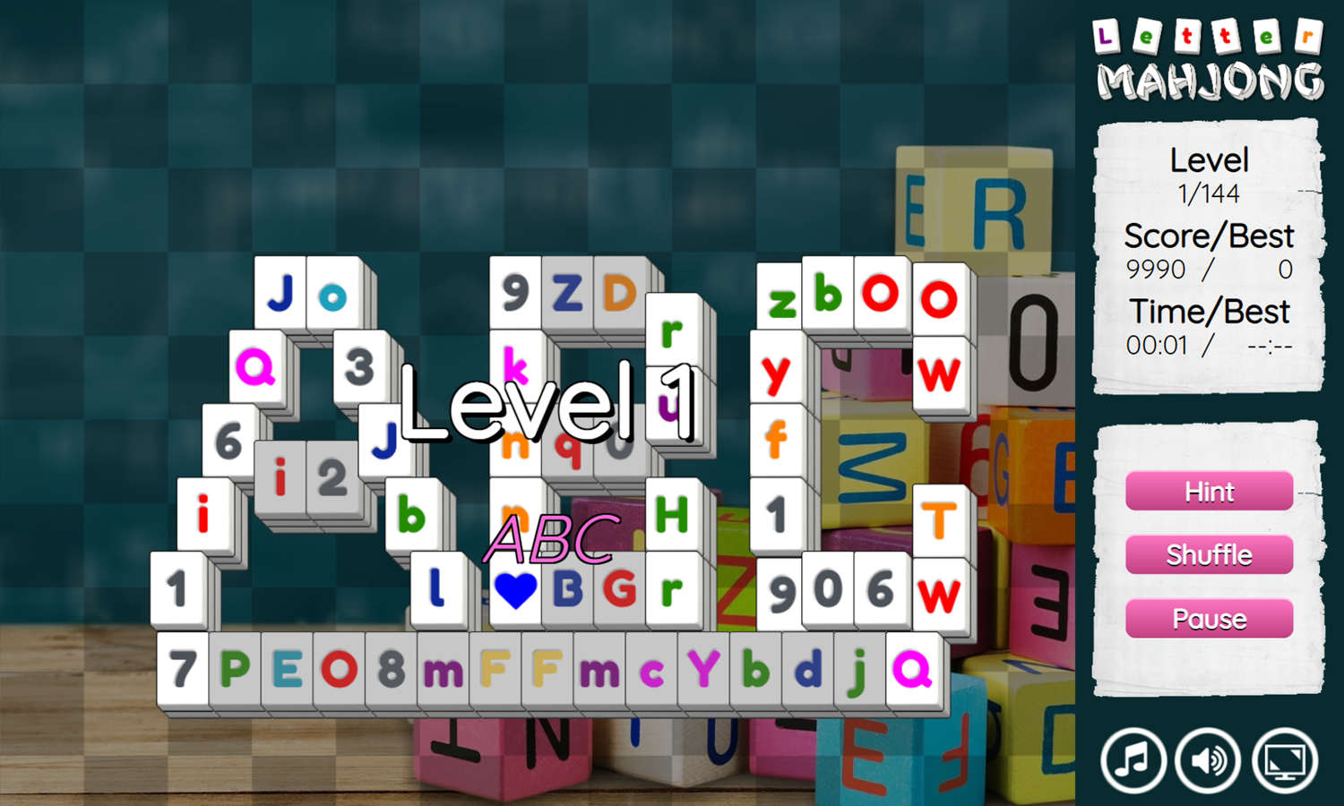 Letter Mahjong Game Level Start Screenshot.