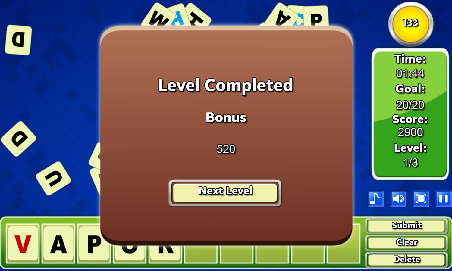 Letter Scramble Game Level Completed Screenshot.